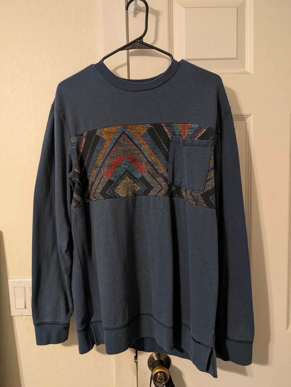 on the byas Men's Navy Crewneck Sweater with Multicolor Geometric Panel